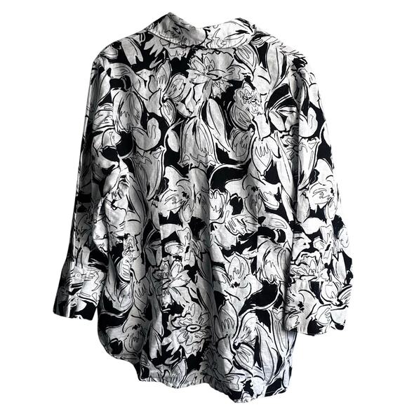 Harve Benard 1X Black White Floral Button Down Linen Cotton Top - Picture 4 of 6